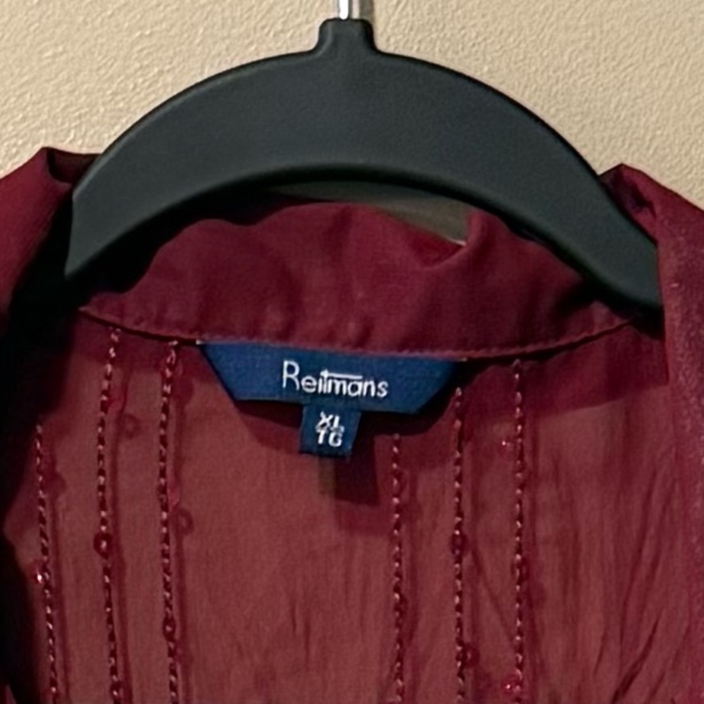 Reitmans Burgundy Sheer Sparkly Top with Ruffles & Sequin Embellishment - Picture 3 of 13